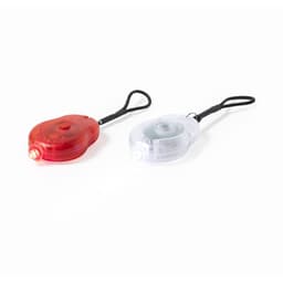 A red and a clear Bowel Bike Light Set, each with a loop for attachment, featuring a compact design.