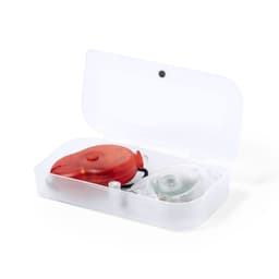 A red and white bicycle light set inside a transparent storage case. The set includes two lights.