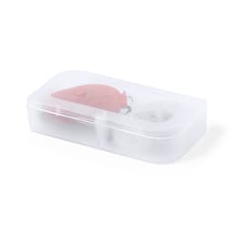 A red bike light set inside a transparent protective case, featuring two lights and a logo.