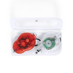 A red and a clear bike light in a protective case, featuring visible internal components.