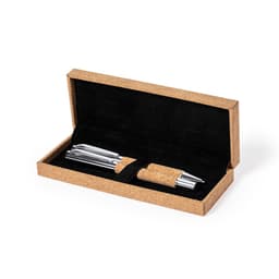 A metal pen gift set with a cork accent, presented in a black velvet-lined box. The box has a sleek design and a logo.