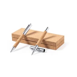 A cork pen set featuring two metal pens with silver accents, presented in a matching cork box.