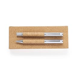 A metal pen gift set featuring two pens with cork grips, presented on a cork base. Includes branding.