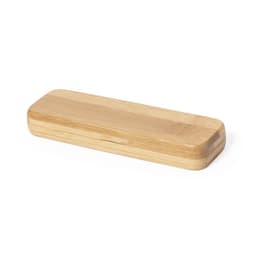 A bamboo pen case in a natural finish, featuring a smooth, rectangular design with rounded edges.