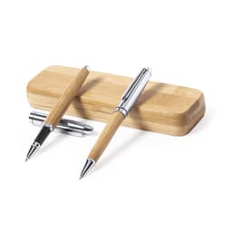 A bamboo pen set featuring two pens with silver accents, resting on a matching wooden box.