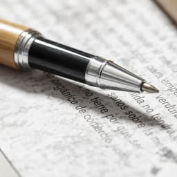 A stylish pen with a bamboo finish and silver accents, resting on a textured piece of paper.
