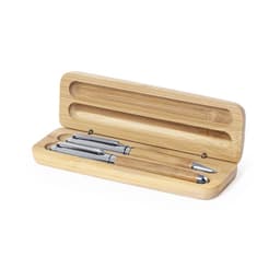 A bamboo gift set featuring two silver pens in a sleek box. The packaging is natural and stylish.