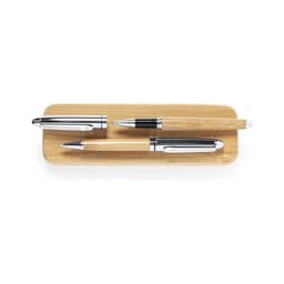 A bamboo tray holding three writing pens with chrome accents, featuring natural bamboo colours.