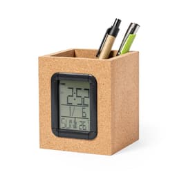 A cork pencil holder with a digital clock display, containing pens in black, green, and brown.