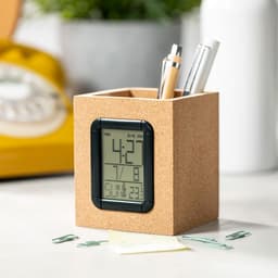 A cork pencil holder in a cube shape with a digital clock display, filled with pens and clips.