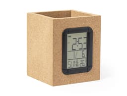 A cork pencil holder with an embedded digital clock display. Features a black frame on the front.
