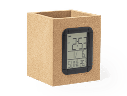 A square cork pencil holder with a digital clock display on one side. The clock shows time and date.