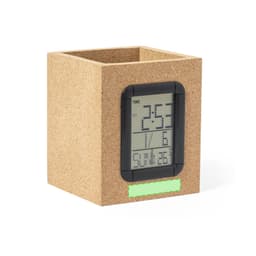 A cork pencil holder with a digital clock display and a black frame, featuring a sleek, minimalist design.