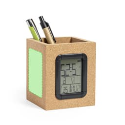 A cork pencil holder in light brown with a digital clock display, holding two pens in green and beige.