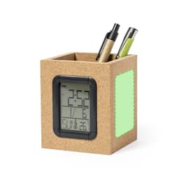 A cork pencil holder featuring a digital clock on one side, containing multiple pens in black, gold, and green.