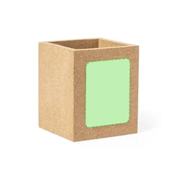 A light brown, square pencil holder made of natural material, featuring a green border where a logo may be placed.