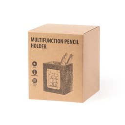 A multifunction pencil holder in a brown box, featuring a digital display for time, temperature, and alarms.