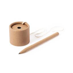A brown, cylindrical holder made of cardboard with a pen attached by a string, featuring a minimalist design.