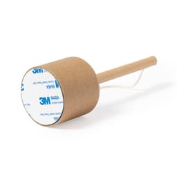 A brown adhesive tape dispenser with a paper core and string handle. It features branding on the side.