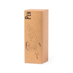 A brown cardboard box containing a pen, featuring an illustration of a pencil and a pencil sharpener on the side.