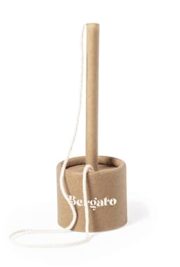A paper dispenser in a brown cylindrical holder with a white string and a wooden stick. It features a logo.