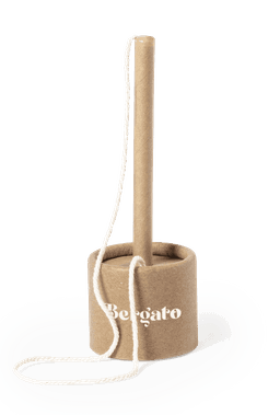 A promotional pen featuring a tan cylindrical base with a detachable brown wooden pen top, complete with a white cord.