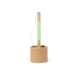 A cylindrical pen holder made from brown cardboard with a green accent and a white string attached.