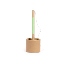 A promotional pen with a green highlight, featuring a cylindrical brown holder and a string for support.
