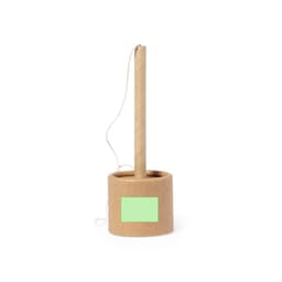 A pen holder with a cylindrical base made of brown kraft paper and a long, upright paper straw.