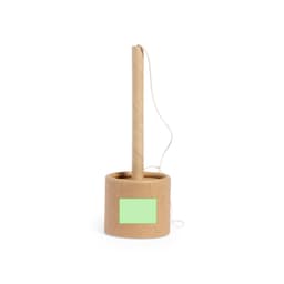 A promotional pen in brown cardboard with a cylindrical holder and a string for easy carrying.