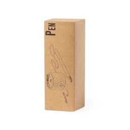 A brown cardboard box containing a pen illustration, featuring a simple design with a logo.