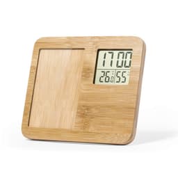 A wooden rectangular clock featuring a digital display for time and temperature, with a bamboo finish.