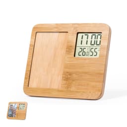 A bamboo photo frame with a digital clock display, featuring a rectangular design in natural wood tones.