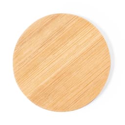 A round bamboo mirror with a smooth, natural finish and subtle grain texture. It has a circular shape and features a logo.