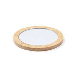 A round mirror with a bamboo frame, featuring a sleek, reflective surface.