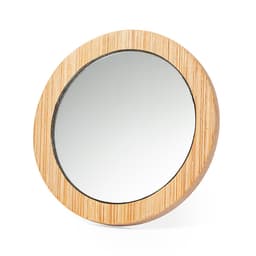 A round mirror with a natural bamboo frame, featuring a reflective surface and a simple, minimalist design.