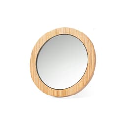 A round mirror with a bamboo frame, featuring a reflective silver surface.