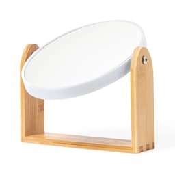 A round mirror with a white surface and a wooden bamboo base, featuring a minimalistic design.