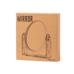 A decorative mirror in a round shape, presented in a cardboard box with a sketch of the product.
