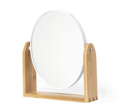 A round mirror with a white frame, supported by a bamboo stand. It has a simple, minimalist design.
