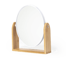 A round mirror with a white frame and a natural wood stand. It features a minimalist design.