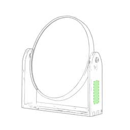A round mirror with a wooden frame, featuring a simple design and a small logo on the side.