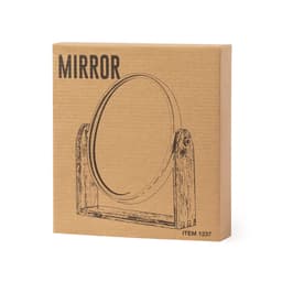 A round mirror in a wooden stand, presented in a brown cardboard box featuring a simple illustration.