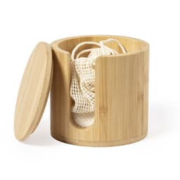 A round bamboo container with a lid, holding woven string materials inside. The container has a natural wood finish.
