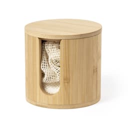 A bamboo storage container with a natural finish, featuring a cut-out for holding mesh produce bags.