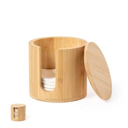 A bamboo container with a lid, featuring a cut-out design, holding cotton pads inside. Simple and natural aesthetics.