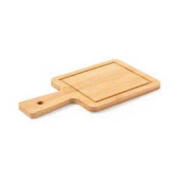 A bamboo chopping board with a rectangular shape and a handle, featuring a recessed edge.