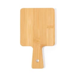 A bamboo chopping board featuring a rounded handle and a smooth, flat surface. It has a natural wood finish.