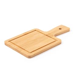 A bamboo chopping board with a rectangular shape and a handle, featuring a rounded edge and a hole for hanging.
