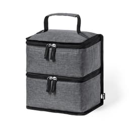 A grey double-layer cooler bag with a sturdy handle and two zippered compartments. It features a logo on the side.
